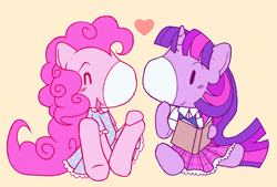 Size: 1242x839 | Tagged: safe, artist:dawhitechangling, pinkie pie, twilight sparkle, earth pony, pony, unicorn, g1, g4, cute, duo, duo female, eyes closed, female, g4 to g1, g4 to takara, generation leap, lesbian, mare, open mouth, open smile, ship:twinkie, shipping, smiling, takara pony, unicorn twilight