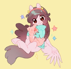 Size: 1387x1351 | Tagged: safe, artist:xinxinbird, pegasus, pig, pony, blushing, clothes, female, filly, foal, gravity falls, headband, hug, looking at you, mabel pines, ponified, simple background, smiling, smiling at you, solo, spread wings, stars, sweater, waddles, wings, yellow background