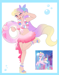 Size: 2395x3023 | Tagged: safe, artist:aztrial, destiny (g5), human, seapony (g4), g5, my little pony: tell your tale, the blockywockys, spoiler:g5, spoiler:my little pony: tell your tale, spoiler:tyts02e00, bioluminescent, bubble, coral, cute, dorsal fin, fin, fin ears, fin wings, fins, fish tail, flowing mane, flowing tail, happy, humanized, inner tube, ocean, opaque inflatable, open mouth, open smile, pool toy, screencap reference, seaweed, smiling, solo, standing, standing on one leg, swimming, tail, underwater, water, wings