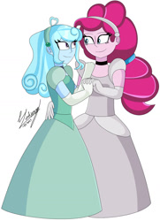 Size: 1280x1766 | Tagged: safe, artist:denisseguadiana, pinkie pie, oc, oc:jemimasparkle, human, equestria girls, g4, canon x oc, choker, cinderella, clothes, cute, dancing together, diapinkes, disney, disney princess, dress, duo, duo female, evening gloves, female, gloves, gown, hairband, holding hands, lesbian, long gloves, looking at each other, looking at someone, ocbetes, poofy shoulders, simple background, smiling, smiling at each other, waltz, white background