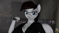 Size: 1920x1080 | Tagged: safe, artist:midnightdanny, oc, oc only, oc:midnight harmony, pegasus, anthro, 3d, angry, baseball bat, glasses, looking at camera, solo, source filmmaker