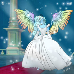 Size: 1280x1280 | Tagged: safe, artist:xoxastraart, oc, oc only, oc:jemimasparkle, anthro, carpet, cinderella, clothes, cute, dress, evening gloves, eyes closed, female, glass slipper (footwear), gloves, gown, grin, long gloves, ocbetes, poofy shoulders, red carpet, smiling, solo, sparkles, spread wings, wings