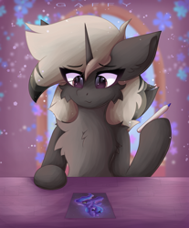 Size: 2900x3500 | Tagged: safe, artist:gaffy, princess luna, oc, oc only, pony, unicorn, g4, butt, cheek fluff, chest fluff, dexterous hooves, drawing, ear fluff, featureless crotch, female, flower, horn, magnetic hooves, mare, pencil, plot, smiling, solo, unicorn oc