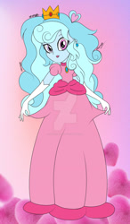 Size: 1280x2188 | Tagged: safe, artist:xoxastraart, oc, oc only, oc:jemimasparkle, human, equestria girls, g4, clothes, crown, curtsey, cute, deviantart watermark, dress, ear piercing, earring, evening gloves, female, gloves, gown, jewelry, lipstick, long gloves, obtrusive watermark, ocbetes, piercing, princess peach, puffy sleeves, regalia, smiling, solo, super mario, watermark