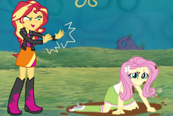 Size: 1090x733 | Tagged: safe, fluttershy, sunset shimmer, equestria girls, g4, abuse, boots, bully, bullying, clothes, crying, duo, duo female, female, flutterbuse, go to sleep gladmane, high heel boots, jacket, mud, muddy boots, not blood, shirt, shoes, skirt, socks, solo, spongebob squarepants