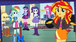 Size: 1099x607 | Tagged: safe, screencap, applejack, pinkie pie, rainbow dash, rarity, sunset shimmer, twilight sparkle, human, equestria girls, g4, belt, boots, clothes, cowboy boots, cowboy hat, hat, high heel boots, jacket, shirt, shoes, skirt, socks, vest