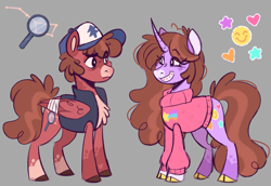 Size: 999x686 | Tagged: safe, artist:wanderingpegasus, pegasus, pony, unicorn, birthmark, braces, brother and sister, brown coat, brown fur, brown hair, brown mane, brown tail, cap, chest fluff, clothes, cloven hooves, curved horn, cute, dipper pines, duo, female, gravity falls, gray background, hat, horn, mabel pines, male, mystery twins, ponified, purple coat, purple fur, siblings, simple background, sweater, tail, twins