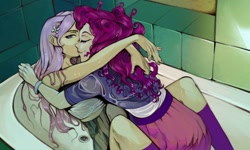 Size: 1280x770 | Tagged: source needed, useless source url, safe, artist:prisadchenko, fluttershy, pinkie pie, human, g4, bath, bathroom, bathtub, clothes, dress, duo, duo female, eyes closed, female, hug, humanized, kissing, lesbian, lying down, on back, ship:flutterpie, shipping, shirt, skirt, socks, stockings, thigh highs, wet, wristband