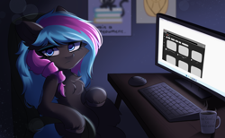 Size: 2600x1600 | Tagged: safe, artist:alunedoodle, oc, oc only, oc:obabscribbler, earth pony, pony, annoyed, computer mouse, cup, female, keyboard, looking at you, pc, sitting, solo, two toned mane