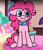 Size: 570x666 | Tagged: safe, artist:tamers12345, pinkie pie, twilight sparkle, earth pony, pony, g4, :3, bed, collar, cute, female, ms paint, offscreen character, screencap background, sugarcube corner