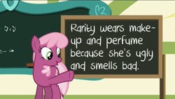 Size: 1920x1080 | Tagged: safe, edit, edited screencap, screencap, cheerilee, g4, my little pony: friendship is magic, the cart before the ponies, chalkboard, drama, female, implied rarity, mare, meme, op is a duck, op is trying to start shit, ponyville schoolhouse, solo, teacher, writing