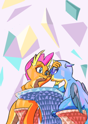 Size: 2150x3035 | Tagged: safe, artist:skunkstripe, gallus, smolder, dragon, griffon, fanfic:kids again, g4, comforting, duo, duo male and female, fanfic, fanfic art, fanfic cover, female, male, sitting