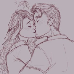 Size: 2160x2160 | Tagged: safe, artist:twillow, hitch trailblazer, izzy moonbow, human, g5, bust, duo, duo male and female, eyes closed, female, gray background, holly, holly mistaken for mistletoe, humanized, kiss on the lips, kissing, male, monochrome, ship:moontrail, shipping, simple background, sketch, straight