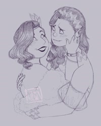 Size: 2160x2700 | Tagged: safe, artist:twillow, pipp petals, sunny starscout, human, g5, bust, duo, duo female, female, gray background, grayscale, grin, hand on cheek, holding each other, humanized, lesbian, looking at each other, looking at someone, monochrome, ship:petalscout, shipping, simple background, sketch, smiling, smiling at each other, watermark