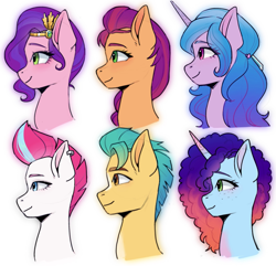 Size: 1471x1417 | Tagged: safe, artist:xiaowu07, hitch trailblazer, izzy moonbow, misty brightdawn, pipp petals, sunny starscout, zipp storm, earth pony, pegasus, pony, unicorn, g5, bust, cornrows, ear piercing, eye clipping through hair, eyebrows, eyebrows visible through hair, female, horn, male, mane five, mane six (g5), mare, piercing, portrait, profile, rebirth misty, simple background, stallion, white background