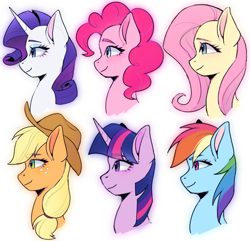 Size: 1471x1417 | Tagged: safe, artist:xiaowu07, applejack, fluttershy, pinkie pie, rainbow dash, rarity, twilight sparkle, earth pony, pegasus, pony, unicorn, g4, applejack's hat, bust, cowboy hat, eyebrows, eyebrows visible through hair, eyeshadow, hat, horn, makeup, mane six, portrait, profile, simple background, white background