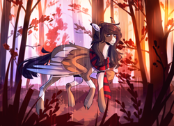 Size: 1800x1300 | Tagged: safe, artist:riressa, oc, oc only, pegasus, pony, clothes, female, forest, mare, nature, scarf, scenery, solo, tree