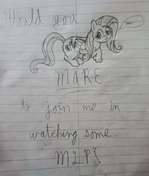 Size: 2808x3326 | Tagged: safe, artist:sewaddle36, derpibooru exclusive, fluttershy, pegasus, pony, g4, crouching, female, lined paper, mare, note, pencil drawing, pun, shy, solo, speech bubble, text, traditional art