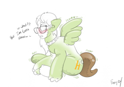 Size: 2293x1607 | Tagged: safe, artist:foxxy-arts, oc, oc:saga, human, inflatable pony, pegasus, pooltoy pony, air inflation, air nozzle, blushing, choker, dialogue, female, glasses, human to pony, inanimate tf, inflatable, inflation, looking at self, looking back, mare, onomatopoeia, open mouth, partial color, ponysona, signature, simple background, solo, spiked choker, spread wings, sweat, sweatdrops, transformation, white background, wings