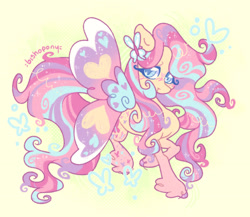 Size: 2300x2000 | Tagged: safe, artist:bishopony, fluttershy, butterfly, pegasus, pony, g4, abstract background, alternate design, alternate mane color, alternate tail color, big mane, big tail, blue eyelashes, blue pupils, blush scribble, blushing, butterfly wings, coat markings, colored eyelashes, colored hooves, colored pupils, colored wings, curly mane, curly tail, emanata, facial markings, female, fetlock tuft, floating heart, green background, hair accessory, hairclip, halftone, heart, heart mark, high res, hooves, hybrid wings, lidded eyes, lime background, long eyelashes, long mane, long tail, mane accessory, mare, multicolored hair, multicolored wings, purple hooves, rainbow power, raised hoof, requested art, screentone, shiny hooves, shiny mane, shiny tail, signature, simple background, slender, smiling, solo, sparkly mane, sparkly tail, sparkly wings, spread wings, star (coat marking), striped mane, striped tail, tail, thin, thin legs, wall of tags, wavy mane, wavy tail, wingding eyes, wings