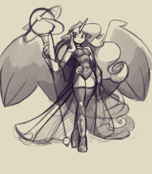 Size: 2598x2975 | Tagged: safe, artist:shadowhawx, princess luna, human, g4, beige background, breasts, busty princess luna, clothes, elf ears, female, grayscale, high res, horn, horned humanization, humanized, large wings, leotard, monochrome, partially open wings, simple background, sketch, staff, winged humanization, wings