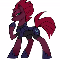 Size: 4096x4096 | Tagged: safe, artist:qianhe498, tempest shadow, pony, unicorn, g4, absurd resolution, armor, broken horn, concave belly, eye scar, eyebrows, facial scar, female, frown, hoof on chin, hoof shoes, horn, looking at you, looking sideways, mare, raised hoof, scar, simple background, slender, solo, tail, thin, white background