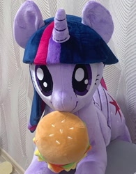 Size: 933x1199 | Tagged: safe, artist:mdcraft10, twilight sparkle, alicorn, pony, g4, burger, cute, daaaaaaaaaaaw, featured image, food, hay burger, hnnng, irl, mouth hold, photo, plushie, solo, sweet dreams fuel, that pony sure does love burgers, twiabetes, twilight burgkle, twilight sparkle (alicorn), weapons-grade cute