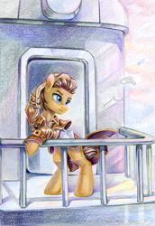 Size: 861x1255 | Tagged: safe, artist:maytee, doctor whooves, time turner, earth pony, pony, g4, balcony, clothes, colored pencil drawing, commission, hat, solo, traditional art, train, trenchcoat