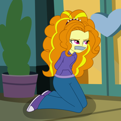 Size: 2000x2000 | Tagged: safe, artist:nie-martw-sie-o-mnie, part of a set, adagio dazzle, human, equestria girls, g4, arm behind back, clothes, converse, denim, gag, hands behind back, hoodie, jeans, kneeling, narrowed eyes, pants, punish the villain, shoes, solo, tape, tape gag