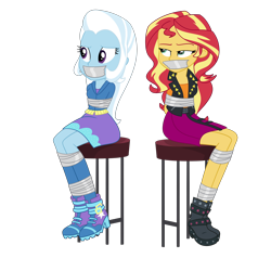 Size: 3000x3000 | Tagged: safe, artist:nie-martw-sie-o-mnie, sunset shimmer, trixie, human, equestria girls, g4, bondage, boots, bound and gagged, clothes, duo, duo female, female, gag, hands behind back, narrowed eyes, shoes, simple background, sitting, skirt, tape, tape bondage, tape gag, transparent background