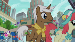 Size: 1280x720 | Tagged: safe, screencap, crimson cream, fashion statement, forecheck, grape candy, mare e. belle, mochaccino, pumpkin puck, rare find, rarity, pony, g4, season 6, the gift of the maud pie, ice, ice skates, manehattan, skates