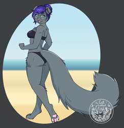 Size: 2344x2416 | Tagged: safe, artist:askbubblelee, oc, oc only, oc:melissa pitterpaw, abyssinian, anthro, digitigrade anthro, abyssinian oc, anthro oc, beach, bikini, breasts, butt, clothes, cute, digital art, female, glasses, looking back, ocean, smiling, solo, swimsuit, water