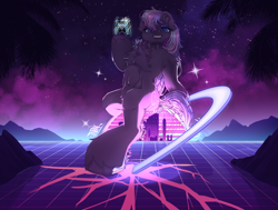 Size: 3500x2650 | Tagged: safe, alternate version, artist:medkit, oc, oc only, oc:callisto, earth pony, semi-anthro, accessory, armpits, artfight, belly, belly button, blue eyes, blue light, blurry, blurry background, chest fluff, city, cityscape, colored eyelashes, colored lineart, colored pupils, colored sketch, controller, cracks, dark coat, digital art, dynamic pose, ear cleavage, ear fluff, ears up, earth pony oc, eye clipping through hair, eyebrows, eyebrows down, eyebrows visible through hair, female, fringe, front view, full body, galaxy, glowing, headphones, heart ears, high res, hoof fluff, horizon, horizontal, horseshoes, humanoid torso, leg fluff, lidded eyes, lightly watermarked, long mane, long tail, looking at you, macro, mare, mountain, open mouth, open smile, paint tool sai 2, palm tree, perspective, pink light, pixel art, planet, raised hoof, reflection, retrowave, ribcage, ribs, shading, shoulder fluff, signature, sitting, sketch, smiling, solo, space, speedpaint, speedpaint available, starry night, stars, sternocleidomastoid, tail, three quarter view, three toned mane, three toned tail, tree, wall of tags, watermark