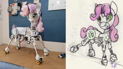 Size: 5952x3347 | Tagged: safe, artist:teakay-c-ii-r, derpibooru exclusive, sweetie belle, oc, oc only, oc:sweetie bot 2560, pony, robot, robot pony, unicorn, g4, :p, electronics, gears, horn, photo, ponified photo, redraw, servo, solo, sweetie bot, tongue out, wires