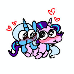 Size: 2048x2048 | Tagged: safe, artist:dilettantedoodle, starlight glimmer, trixie, pony, unicorn, g4, blushing, cute, diatrixes, duo, duo female, female, glimmerbetes, heart, heart eyes, high res, horn, lesbian, looking at each other, looking at someone, lying down, lying on top of someone, mare, pixel-crisp art, ship:startrix, shipping, simple background, white background, wingding eyes