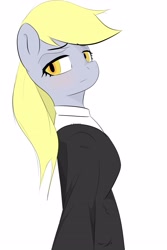 Size: 2362x3543 | Tagged: safe, alternate version, artist:orivika_, derpy hooves, pegasus, anthro, g4, black and white, food, grayscale, looking at you, monochrome, muffin, simple background, solo, white background, yellow eyes, yellow mane