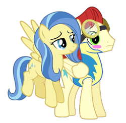 Size: 742x725 | Tagged: safe, edit, vector edit, starburst (g4), sunshower, pegasus, pony, g4, blushing, clothes, duo, duo male and female, female, male, mare, shipping, showerburst, simple background, spread wings, stallion, straight, transparent background, uniform, vector, wings, wonderbolts uniform