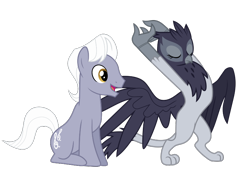 Size: 796x551 | Tagged: safe, edit, vector edit, giselle, irma, royal riff, earth pony, griffon, pony, g4, duo, duo male and female, female, interspecies, male, open mouth, open smile, ship:riffelle, shipping, simple background, smiling, stallion, straight, stretching, transparent background, vector