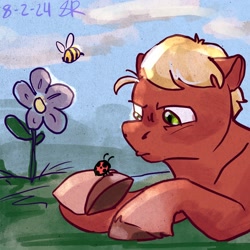 Size: 2048x2048 | Tagged: safe, artist:flurryheart04, sprout cloverleaf, bee, earth pony, insect, ladybug, pony, g5, flower, high res, male, solo, stallion, unshorn fetlocks