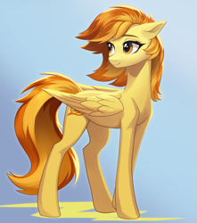 Size: 2448x2768 | Tagged: safe, artist:sierraex, spitfire, pegasus, pony, g4, alternate hairstyle, eyebrows, female, folded wings, gradient background, high res, long legs, looking back, mare, smiling, solo, wings