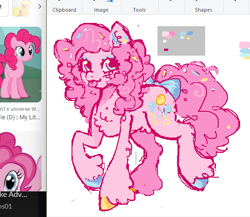 Size: 535x464 | Tagged: safe, artist:junniepiepoopop, pinkie pie, earth pony, pony, g4, :3, :p, alternate design, art program in frame, belly fluff, blue bow, blue eyes, blue eyeshadow, blush scribble, blushing, bow, chest fluff, colored ear fluff, colored hooves, curly mane, curly tail, ear fluff, eyelashes, eyeshadow, female, fetlock tuft, fluffy, hair accessory, hooves, leg fluff, long mane, long tail, looking back, makeup, mane accessory, mare, mismatched hooves, multicolored hooves, pink coat, pink mane, pink tail, pixel-crisp art, pubic fluff, raised hoof, raised leg, reference used, shiny hooves, smiling, solo, sprinkles in mane, sprinkles in tail, standing on two hooves, tail, tail accessory, tail bow, thin legs, tied tail, tongue out, unshorn fetlocks