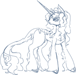 Size: 1086x1065 | Tagged: safe, artist:junniepiepoopop, oc, oc only, oc:pillow lace, classical unicorn, pony, unicorn, cloven hooves, concave belly, ear fluff, eyelashes, frown, horn, leg fluff, leonine tail, long horn, long mane male, long tail, male, male oc, monochrome, profile, scrapped, simple background, sketch, slender, stallion, stallion oc, standing, tail, tail fluff, thin, unicorn horn, unicorn oc, unshorn fetlocks, wavy mane, wavy tail, white background