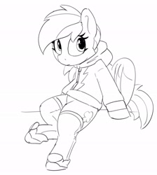 Size: 1835x2048 | Tagged: safe, artist:pabbley, rainbow dash, pegasus, pony, g4, black and white, clothes, female, grayscale, hoodie, mare, monochrome, shoes, simple background, sitting, sneakers, socks, solo, thigh highs, white background