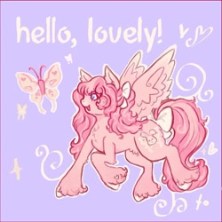 Size: 904x903 | Tagged: safe, artist:junniepiepoopop, oc, oc only, oc:lisa, butterfly, pegasus, pony, bangs, bow, chest fluff, colored eyelashes, colored hooves, colored wings, ear fluff, female, floating heart, gradient legs, gradient wings, hair accessory, heart, heart mark, hock fluff, hooves, looking at something, mane accessory, mare, no pupils, open mouth, open smile, pink coat, pink eyelashes, pink mane, pink tail, pink text, ponysona, profile, pubic fluff, purple background, purple eyes, raised hoof, raised leg, simple background, smiling, solo, sparkles, spread wings, striped mane, striped tail, tail, tail bow, text, two toned mane, two toned tail, unshorn fetlocks, wavy mane, wavy tail, white bow, white hooves, wings