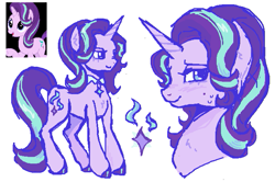 Size: 687x456 | Tagged: safe, artist:junniepiepoopop, starlight glimmer, pony, unicorn, g4, blue eyes, blush scribble, blushing, bust, chest fluff, collar, colored hooves, ear fluff, eyelashes, female, hooves, horn, lidded eyes, looking back, mare, pink coat, purple hooves, reference used, shiny hooves, simple background, slender, smiling, solo, standing, sweat, sweatdrop, tail, thin, thin legs, two toned mane, two toned tail, unicorn horn, wavy mane, wavy tail, white background