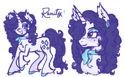 Size: 685x426 | Tagged: safe, artist:junniepiepoopop, rarity, pony, unicorn, g4, alternate design, alternate eye color, beauty mark, blue eyeshadow, blue hooves, bust, chest fluff, colored eyebrows, colored hooves, curly mane, curly tail, cutie mark accessory, cutie mark earrings, ear fluff, ear piercing, earring, eyebrows, eyebrows visible through hair, eyelashes, eyeshadow, female, fetlock tuft, hair over one eye, hooves, horn, jewelry, lipstick, long mane, long tail, makeup, mare, neckerchief, nose blush, open mouth, open smile, piercing, purple eyes, purple lipstick, purple mane, purple tail, purple text, raised hoof, shiny hooves, simple background, smiling, solo, standing on three hooves, tail, thin legs, unicorn horn, white background, white coat