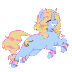 Size: 2000x2000 | Tagged: safe, artist:pretzelprince, oc, oc only, oc:star batter, pony, unicorn, artfight, big grin, blonde mane, blonde tail, blue coat, blush scribble, blushing, chest fluff, colored eyelashes, ear fluff, eye clipping through hair, eyelashes, eyes closed, female, female oc, gift art, grin, halftone, high res, hock fluff, horn, jewelry, lace, magenta eyelashes, mare, mare oc, necklace, ponysona, raised hooves, screentone, shiny mane, shiny tail, simple background, smiling, solo, tail, tied tail, transparent background, unicorn horn, unicorn oc, wavy mane, wavy tail, wristband