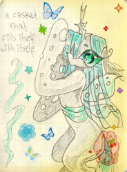 Size: 1917x2610 | Tagged: safe, artist:larvaecandy, queen chrysalis, butterfly, changeling, changeling queen, g4, abstract background, bangs, big eyes, black dresses, changeling horn, changeling wings, colored eyebrows, colored sclera, eye clipping through hair, eyeshadow, female, graph paper, gray body, green eyes, green eyeshadow, green sclera, horn, lidded eyes, long eyelashes, long horn, long legs, long mane, makeup, mixed media, multiple pupils, no mouth, profile, raised hooves, shiny mane, slit pupils, small wings, solo, song reference, spread wings, sticker, teal mane, text, thin, traditional art, wingding eyes, wings