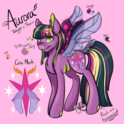 Size: 4096x4096 | Tagged: safe, artist:g-jnotes, oc, oc only, oc:aurora sparkle (g-jnotes), changepony, hybrid, absurd resolution, female, hybrid tail, hybrid wings, interspecies offspring, mare, name, offspring, parent:thorax, parent:twilight sparkle, parents:twirax, pink background, reference sheet, simple background, solo, spread wings, wings