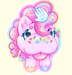 Size: 1963x2048 | Tagged: safe, artist:ibbledribble, pinkie pie, earth pony, pony, g4, :3, :p, alternate design, alternate mane color, beanbrows, blue eyes, colored eyebrows, colored hooves, curly mane, cursor, cute, diapinkes, eyebrows, eyebrows visible through hair, eyelashes, female, food, food on face, foreshortening, hooves, lighter coat, looking at you, mare, mismatched hooves, multicolored hooves, petting, pink coat, rainbow, shiny eyes, simple background, solo, sparkly eyelashes, sparkly mane, sprinkles, sticker design, striped mane, three toned mane, tongue out, wingding eyes, yellow background